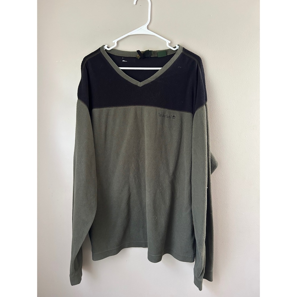 Timberland Mens XXL Fleece‎ Pullover V-Neck Olive Green Black Sweater